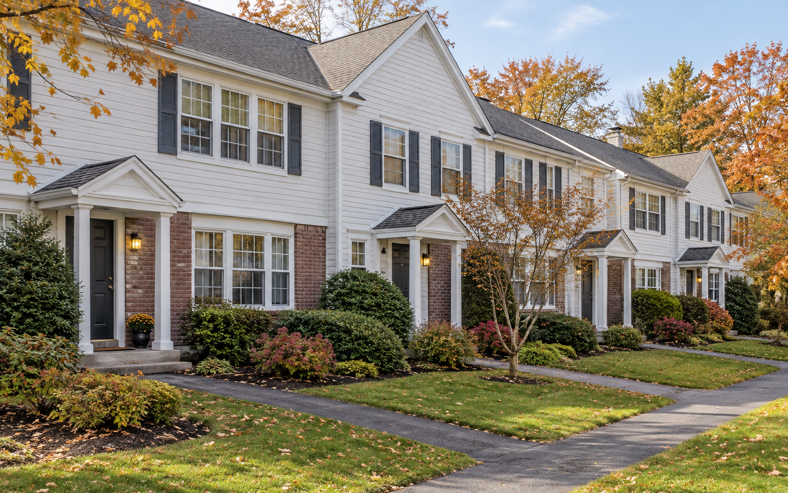 Illustrative exterior of attached Connecticut condominium townhomes