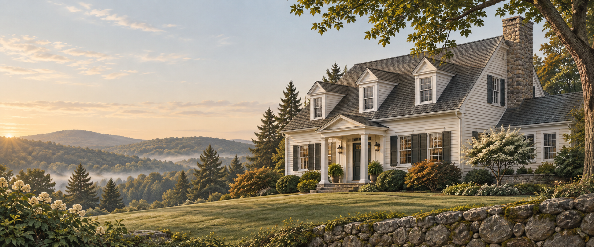 Illustrated New England home in a wooded Connecticut landscape