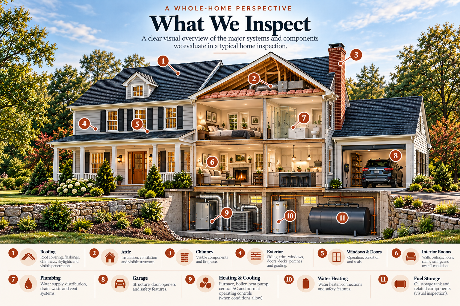 Illustrated cutaway of a New England home with numbered markers for eleven common inspection areas, listed below.